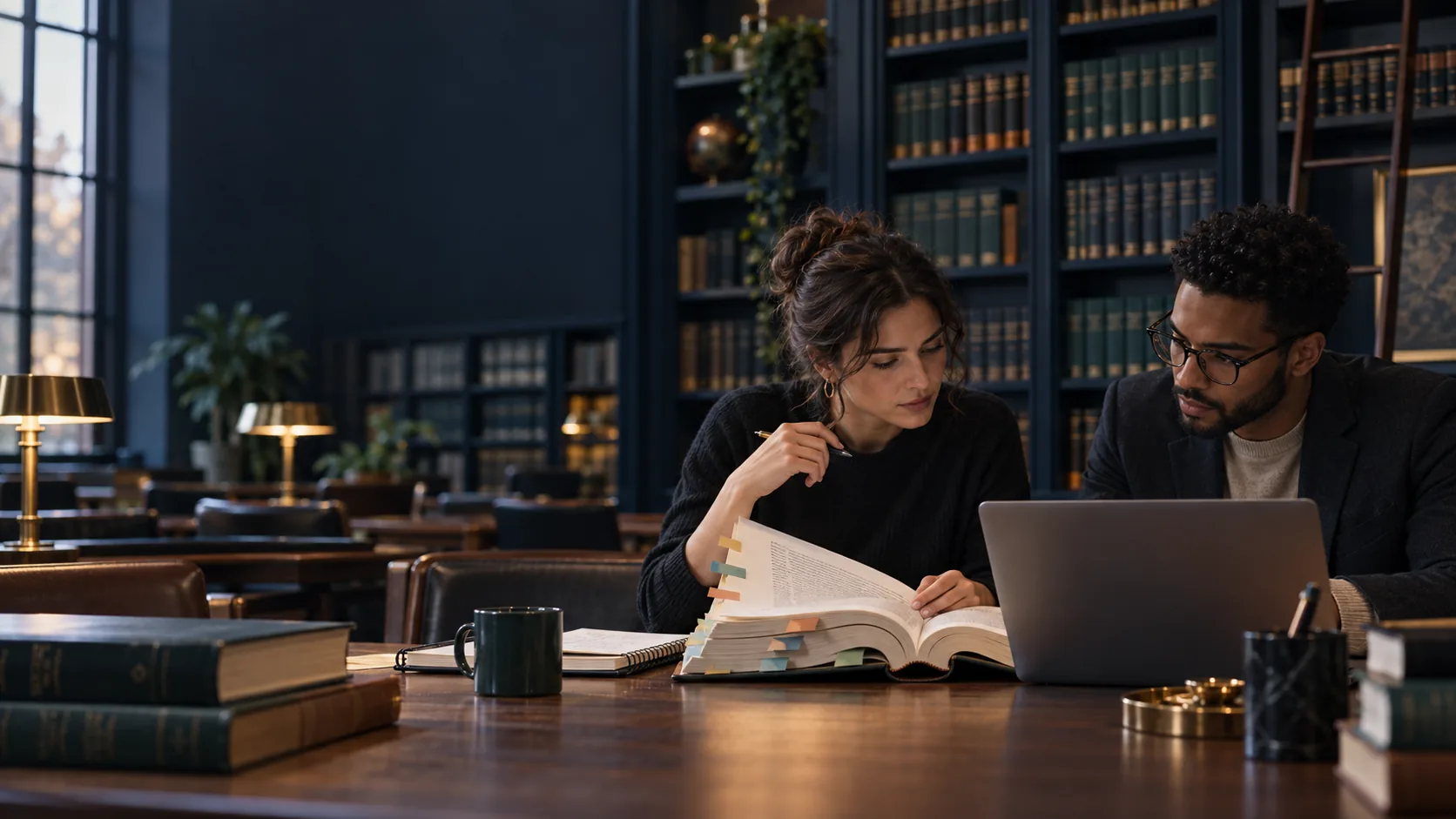 Illustrative image of two fictional legal researchers comparing a court opinion with digital research
