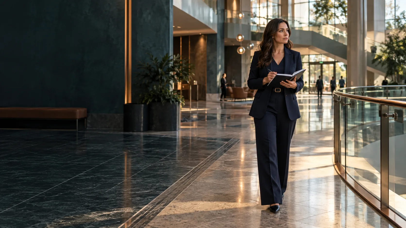 Illustrative image of a fictional attorney examining a public building setting